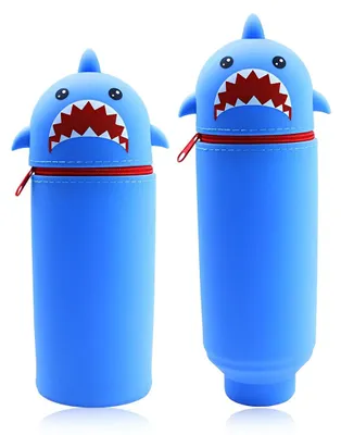Produktbild von 2-in-1-Etui aus weichem Silikon, 18,5 x 6,5 cm, multifunktionaler Stiftehalter mit Tiermotiv und Reißverschluss, für Buntstifte und Filzstifte, Haifischblau