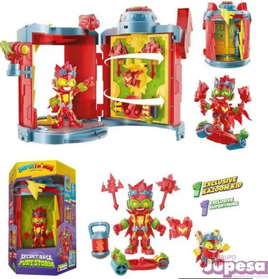 A collage of SuperThings Rivals of Kaboom toys, including a secret base, figures, and accessories.
