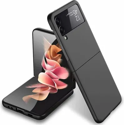 A black silicone case for a Samsung Galaxy Z Flip 3 phone is shown, with the phone partially open.