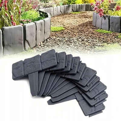 Produktbild von 40-teilige/10M Rasenkante Stein Beeteinfassung Beetbegrenzung PP-Rasenkanten rasenkante kunststoff für Garten,Wiese LxH 25x23cm Anthrazit