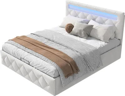 Image de Lit avec tête de lit capitonnée, dimensions 160x200 cm - Lit double avec coffre de rangement intégré - Éclairage LED et station de charge USB - Tête de lit avec espace de rangement - Système de levage hydraulique - Couleur beige