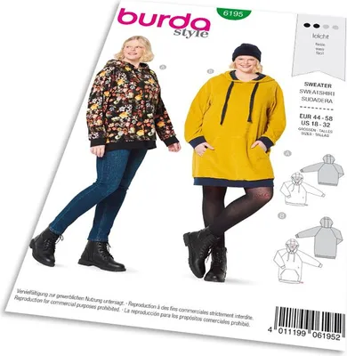 Obrázok produktu pre Strih Burda 6195 - Mikina s kapucňou, mikinové šaty pre plnoštíhle