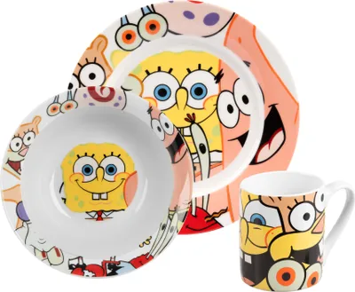 Produktbild von Spongebob Schwammkopf Frühstücksset - Kinder Geschirr Set 3-tlg. Teller, Schale & Tasse aus Porzellan