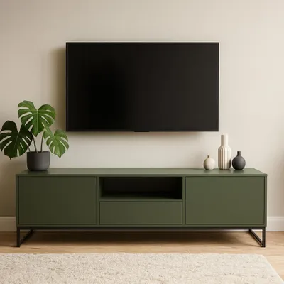 Produktbild von BEAUTYSOFA | TV Schrank 160 cm GIANA TV-Lowboard 2 Türen und Schublade, offenes Fach, griffloses Design, Metallbeine, Fernsehschrank Flaschengrün