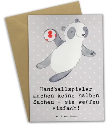 Produktbild von Mr. & Mrs. Panda Grußkarte Handball Wurf - Grau Pastell - Geschenk, einladungskarten, weihnachtskarten, Teamgeist, Sportart, Torhüter, Teamsport, Sport, Sportler, Humor