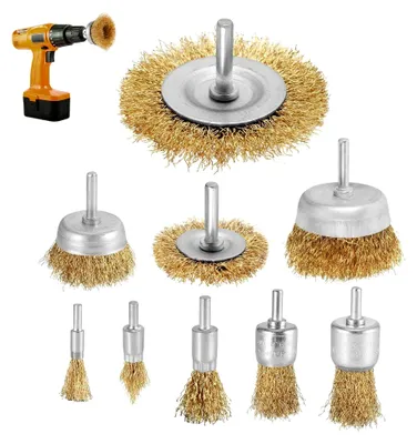 Produktbild von 9-teiliges Drahtbürsten-Set für Bohrmaschinen, Messingbürstenaufsatz, Topfbürste und Stahlbürste zur Rostentfernung mit 6 mm Schaft