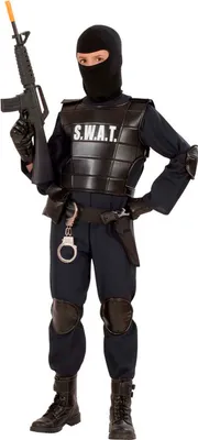 A child wearing a SWAT costume, holding a toy rifle.