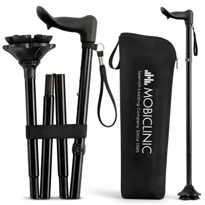 Produktbild von Mobiclinic Gehstock / Klappkrücke LINKS, schwarz, mit ergonomischem Griff und Endkappe. FlexGo, KI-generiertes Bild