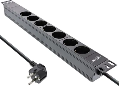 Produktbild von InLine 19" Steckdosenleiste, 7-fach Schutzkontakt, ohne Schalter, 2m, schwarz, 7 AC-Ausgänge, Typ F, 3680 W, 1,5 mm², Typ F (Schuko), Schwarz