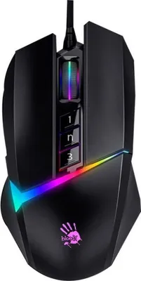 A black gaming mouse with RGB lighting.