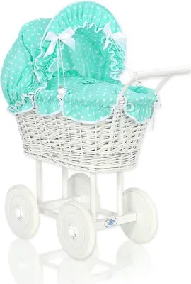 Produktbild von Korbpuppenanhänger – Korbbuggy – handgefertigt und ökologisch, mit mintfarbener Bettwäsche – Weiß