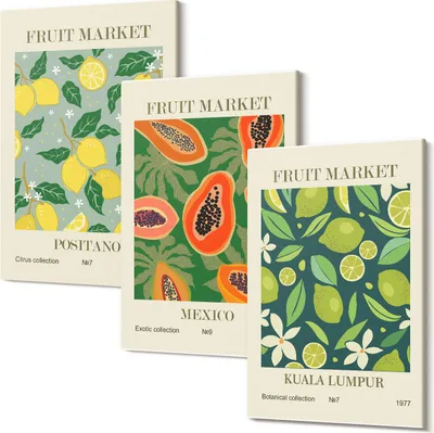 Produktbild von Leinwandbild – Wandbild – Leinwandbilder – Kunstdruck – Polycanvas – Modern – Mehrteilig – 3-Teilig Set – Hochwertig – Geruchslos – Lichtecht – Fertig Aufgespannt – 40x60 Cm Je Teil - Fruchtige Muster von Zitronen, Papayas und Limetten