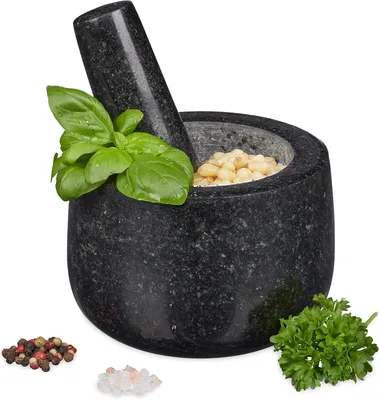 Productafbeelding van Vijzel en stamper graniet - Stevig & duurzaam - Specerijen - Kruiden - Gepolijst - Ø 12 cm - V 300ml - Zwart