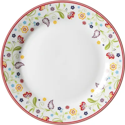 A single plate with a floral and paisley pattern around the rim, set against a white background.