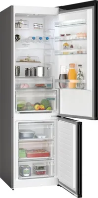 Siemens iQ300, Freistehende Kühl-Gefrier-Kombination mit Gefrierbereich unten, 203 x 60 cm, Gebürsteter schwarzer Stahl AntiFingerprint KG39NXXBF Schrägansicht geöffnet