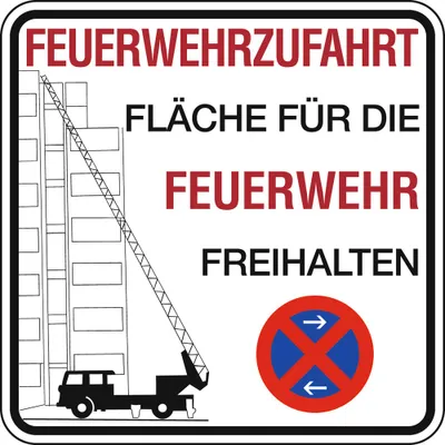 Produktbild von Schild Alu Feuerwehrzufahrt Fläche für die Feuerwehr freihalten Haltverbot 500x500mm