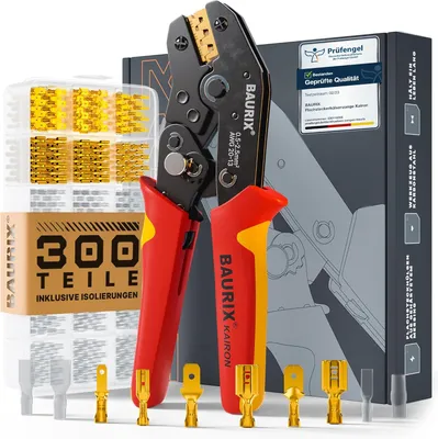 Produktbild von BAURIX® Crimpzange inkl. 300 Stück Flachsteckhülsen Set I Krimpzange für 0,50-2,50 mm² Steckverbinder I Crimpzangen Tool, Crimp Zange