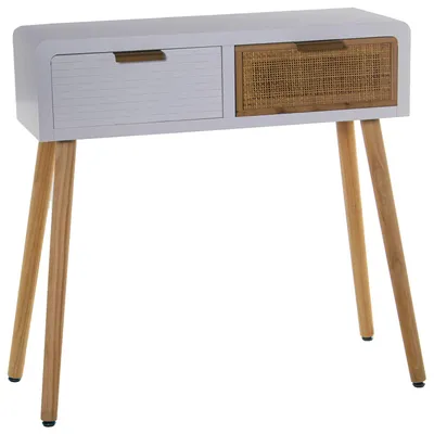 Eingangstisch mit 2 Schubladen, MDF/Rattan, Weiß/Natur, 80x30x78 cm