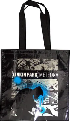A black tote bag with a graphic design and text.