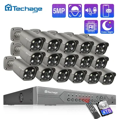 Zdjęcie produktu dla Zestaw kamer monitoringu CCTV z 16 kanałami, rozdzielczością 5MP, funkcją wykrywania ludzi za pomocą sztucznej inteligencji oraz dwukierunkowym systemem audio