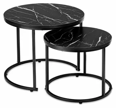 Produktbild von 2er Set Couchtische rund – Schwarz Marmor Optik – Nesting Beistelltische 55/41 cm – Loft Design Metall