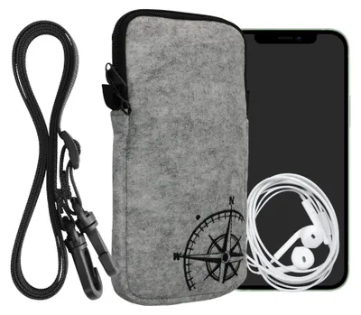 Produktbild von kwmobile Handytasche für Smartphones XXL - 7" - Filz Handy Hülle Schwarz Hellgrau - Handy Tasche mit Kette 17,7 x 8,5 cm Innenmaße - Kompass Vintage