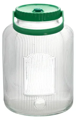 A clear, studio shot of a glass fermentation jar with a green lid and handle.