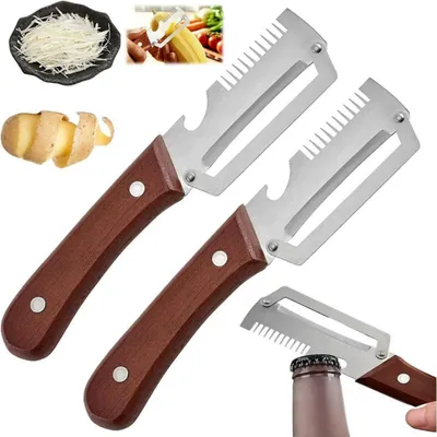 Produktbild von 2 Stück Multifunktionaler Gemüseschäler mit Holzgriff, 3-in-1-Küchenhelfer für Kartoffeln, Flaschenöffner und Reibe, Kürbis, Knoblauch