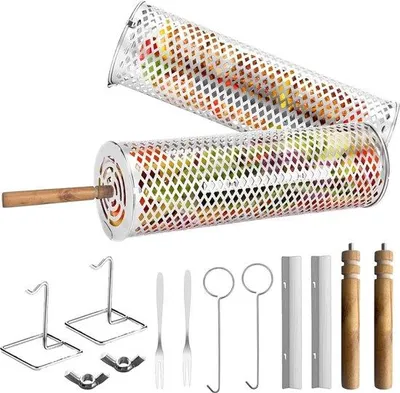 Obrázek produktu pro Rukojeť pro grilování s kulatým otvorem a vidličkou – přenosná grilovací bedna pro venkovní grilování – nerezová ocel – 2 ks