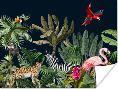 Produktbild von MuchoWow® Poster Dschungel - Pflanzen - Tiere - Kinder - Flamingo - Zebra 120x90 cm - Wandbild
