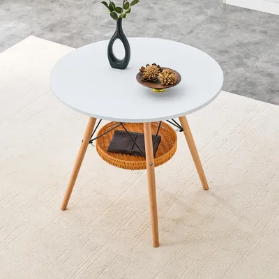 Produktbild von okwish Runder Couchtisch mit Aufbewahrungskorb, Beistelltisch, Natur Holztischbeine, Sofatisch Für Wohnzimmer, Weiß