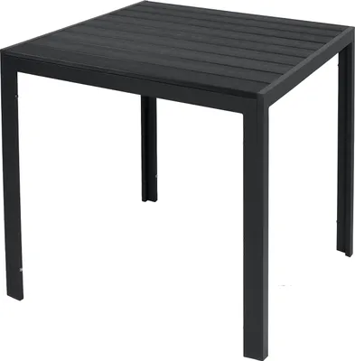 A black outdoor table with a slatted top and metal legs, shown from a slightly elevated front-left angle against a white background.