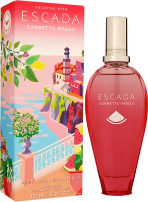 A bottle of Escada Sorbetto Rosso perfume and its packaging are displayed side-by-side against a white background.