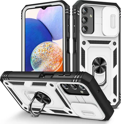 Produktbild von Galaxy A14 5G Hülle, Schiebe Kamera Schutz Stoßfest Schutzhülle mit Ringhalterung Ständer für Samsung Galaxy A14 5G Weiß