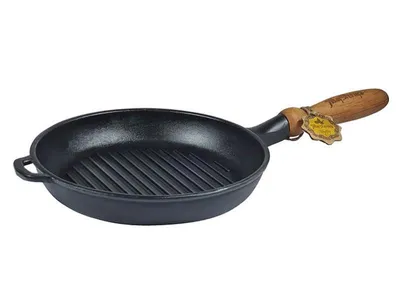 Produktbild von Gusseisen Grillpfanne Ø24 cm mit Holzgriff MAYSTERNYA T308 – Grillpfanne für Induktion & alle Herdarten