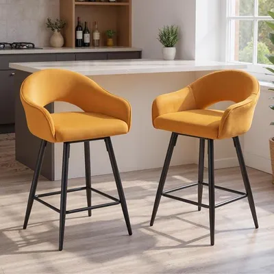 Productafbeelding van Barstoelen, set van 2, 360° draaibaar, fluweel, bistrostoelen, toonbankstoelen met rugleuning en metalen poten, beklede keukenstoelen voor keukeneilanden/bars/toogbladen, geel