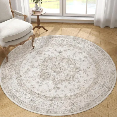 Zdjęcie produktu dla Okrągły dywan, średnica 180 cm, możliwość prania, styl vintage, kolor beżowy
