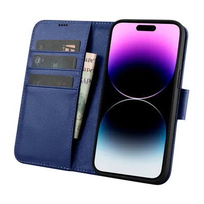 Imagen del producto de Funda de cuero para iPhone 14 Pro, color azul. (Puede referirse a diferentes tipos de fundas: "etui", "obudowa", "pokrowiec")
