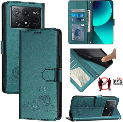Produktbild von Leder Hülle für Xiaomi Poco X6 Pro/Redmi K70E Süße Katze Flip Case Brieftasche Schutzhülle mit Standfunktion Grün