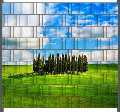 Produktbild von Wallario Zaunsichtschutz mit Motiv Kleiner Wald inmitten einer weiten Wiese für Ein- und Doppelstabmatten Zäune in der Größe 200 x 180 cm