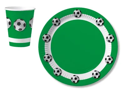 Produktbild von 1 SET :10 PAPPTELLER GRÜN WEISS 23cm & 10 TRINKBECHER 0,2 l MOTIV FUSSBALL