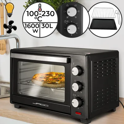 Produktbild von Jago® Minibackofen - mit Umluft, Innenbeleuchtung, Elektrisch, 30L, 5 Kochmodi, 1600W, Timer, 100 - 230 °, Doppelglastür, Schwarz - Mini Backofen