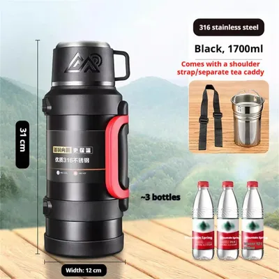 Produktbild von Edelstahl Thermosflasche - Isolierflasche 1,7 l - Doppelwandig - Große Kapazität - Mit Tragegriff - Für Outdoor und Camping - Schwarz