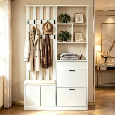 Produktbild von Flurgarderobe mit gepolsterter Sitzbank 120x30x200cm, 2 Schuhklappen, 1 Schublade, 2 Türen und 10 Metallhaken aus MDF in Weiß