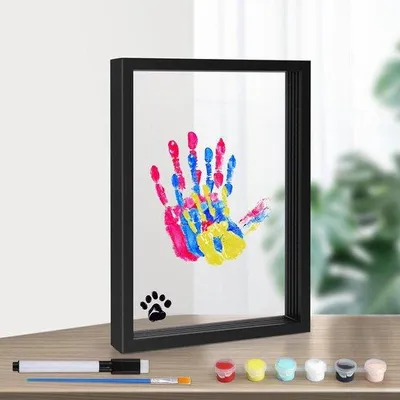 Image de Allecto Plus - Kit pour empreintes de mains en famille - Cadre photo en bois comprenant 6 couleurs de peinture acrylique - Transparent - Idéal comme cadeau pour les nouveaux parents
