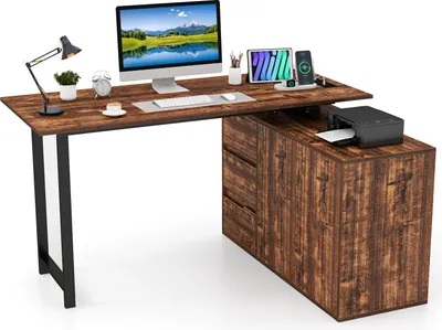 Immagine prodotto di COSTWAY Scrivania a L con stazione di ricarica, schedario, 3 cassetti e 2 ante, scrivania angolare reversibile, scrivania per computer in metallo e legno marrone