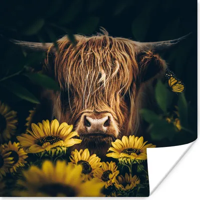 Produktbild von MuchoWow® Poster Schottische Highlander - Blumen - Kuh - Botanisch - Tiere 75x75 cm - Wand Dekoration