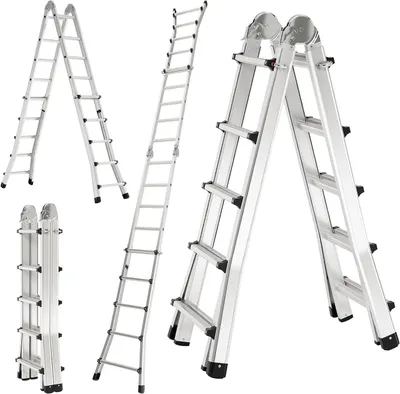 Image de Échelle en aluminium - Escalier télescopique - Pour des travaux en toute sécurité - Multifonction 3-en-1 - 4,8 mètres - Argent