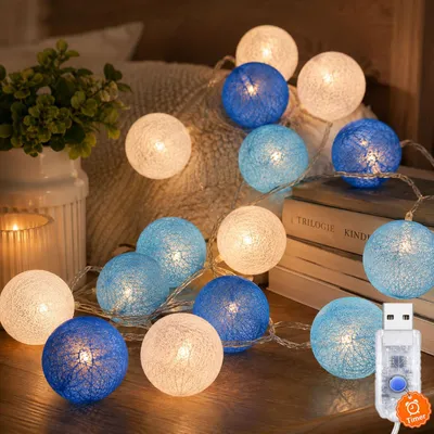 Lichterkette mit Baumwollkugeln, USB, Timer, 1,5 m, 10 LEDs