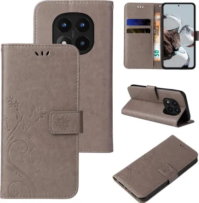 Produktbild von Handyhülle für Xiaomi Redmi Note 14 Pro 5G / 14 Pro+ 5G Floral Blumen Schmetterling Flip Cover Hülle Case Klapphülle Handytasche Farbe: Grau